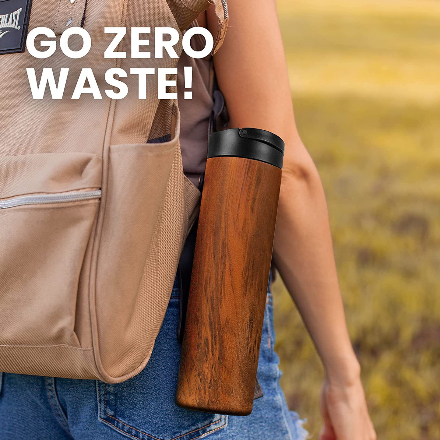 Sports Bottle, Stainless Steel Water Bottle 20oz with Sports Top, Double Insulated Water Bottles that Keep Your Drink Cold or Hot, Teak Wood - Elemental