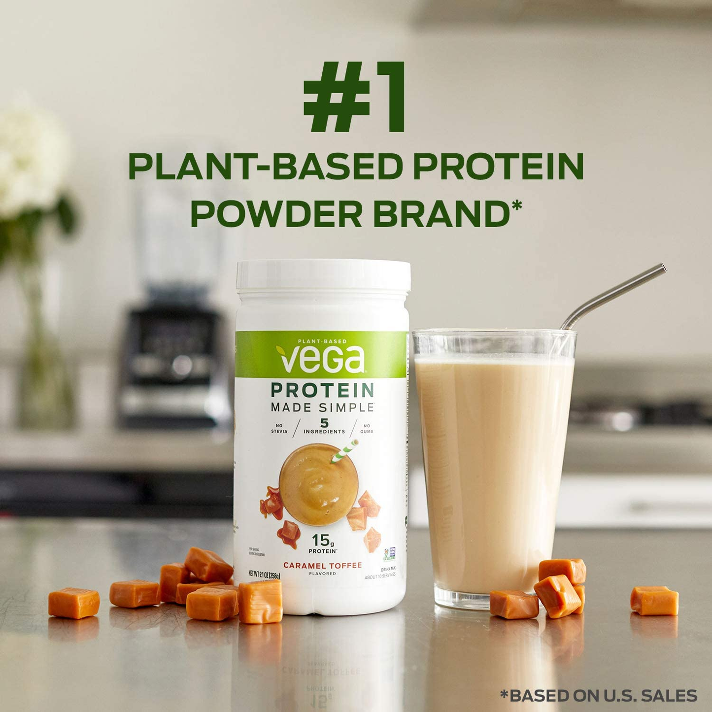 Vega Protein Made Simple - Caramel Toffee (10 Servings), 9.1 Oz - Delicious Plant Based Healthy Vegan Protein Powder - Stevia, Dairy & Gluten Free, Non GMO, No Gums