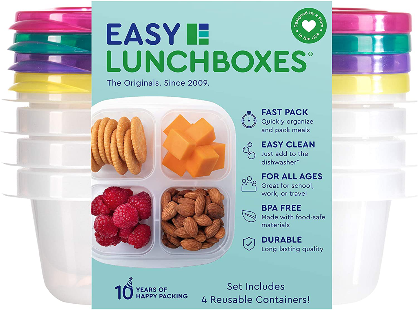 EasyLunchboxes - Bento Snack Boxes - Reusable 4-Compartment Food Containers for School, Work and Travel, Set of 4, Brights