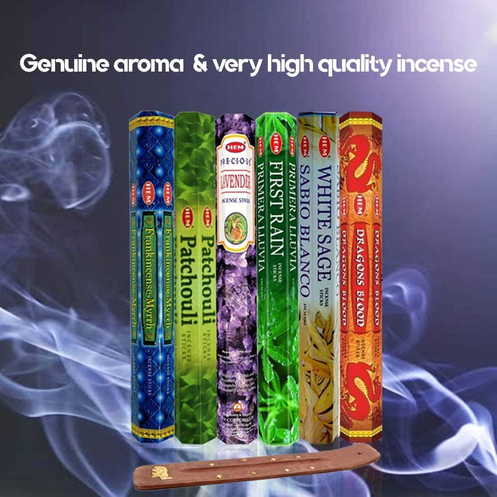 Six Most Popular Hem Incense Scents of All Time, 120 Sticks Total, with Free Burner - 20 Sticks Each of Dragon S Blood, Frankincense & Myrrh, Patchouli, Precious Lavender, First Rain, and White Sage