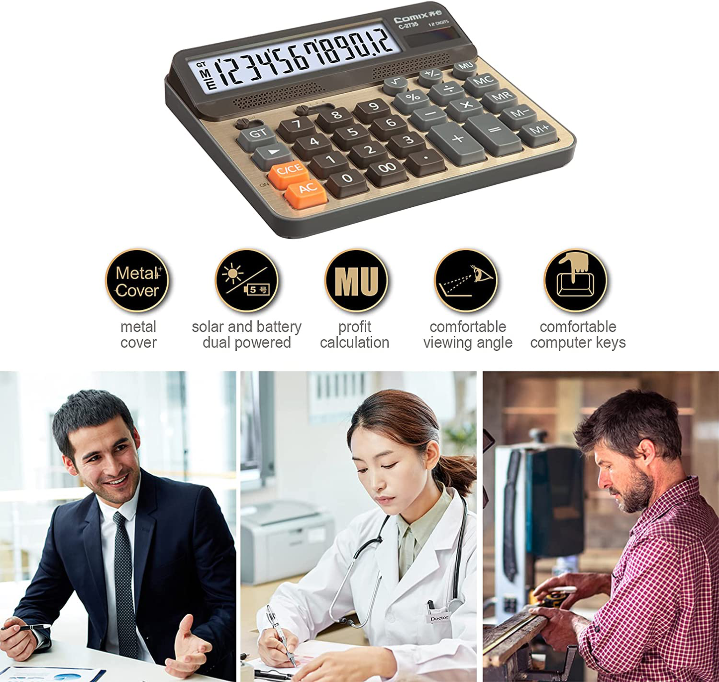 Comix Desktop Calculator, Large Computer Keys, 12 Digits Display, Champaign Gold Color Panel, C-2735