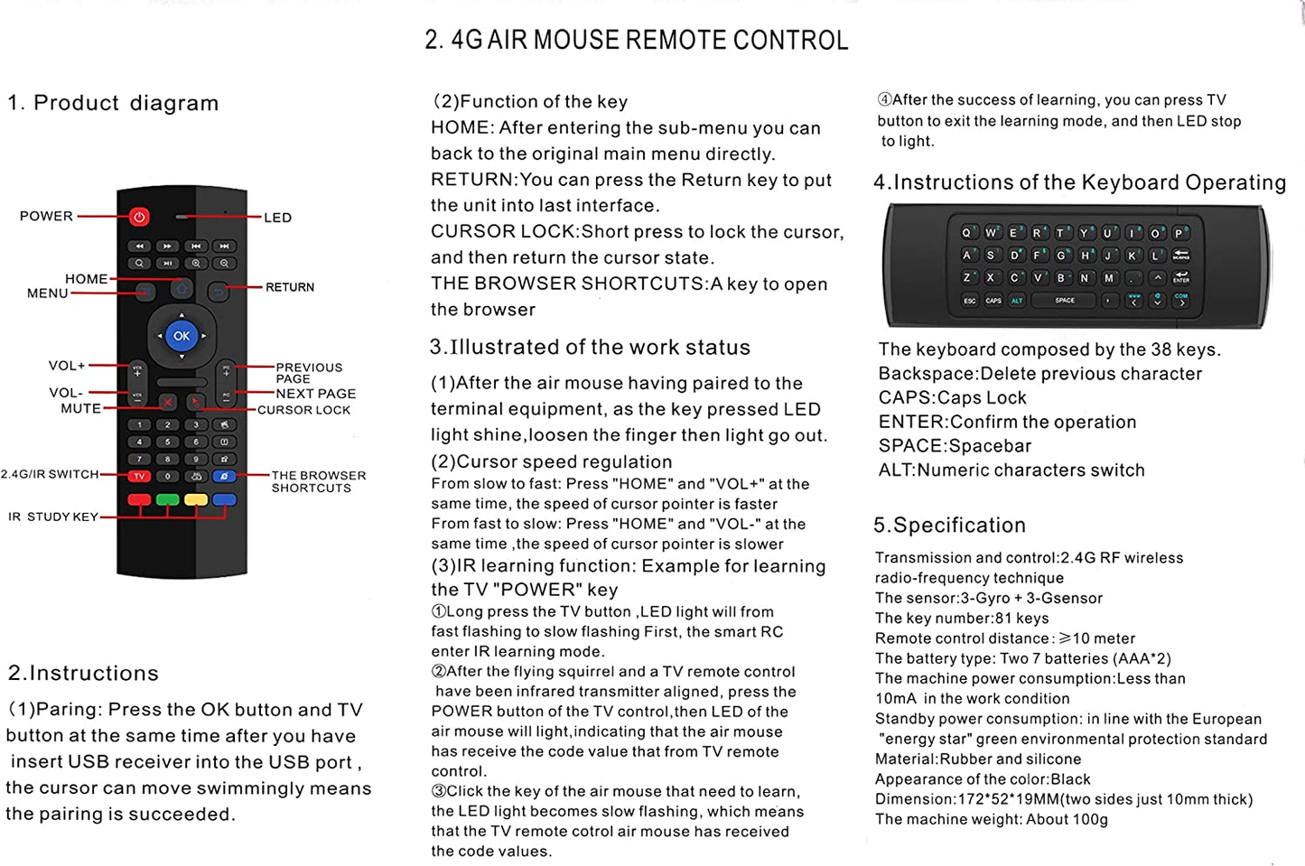 MX3 Air Mouse Mini Keyboard Wireless Remote, 2.4G Multifunctional Fly Mouse with Infrared Learning for Android Smart TV Box, 3-Gyro and 3-Gsensor, Projector HTPC Mini PC, PS3/4 Xbox 360