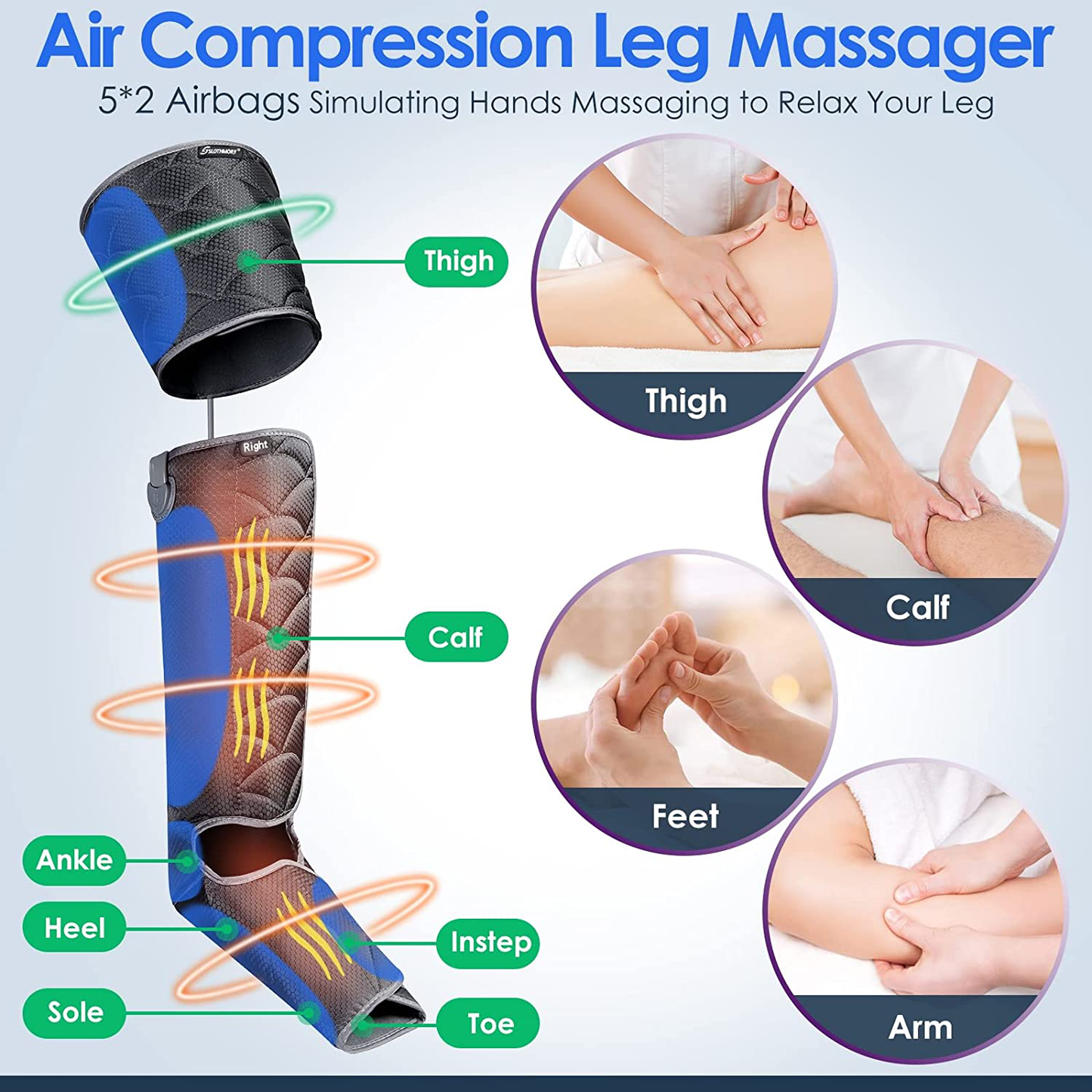 Leg Massager for Circulation & Relaxation, Air Compression Calf Feet Thigh Massage, Muscle Pain Relief, Adjustable Wraps for Most Size with 4 Modes 4 Intensities 2 Heat