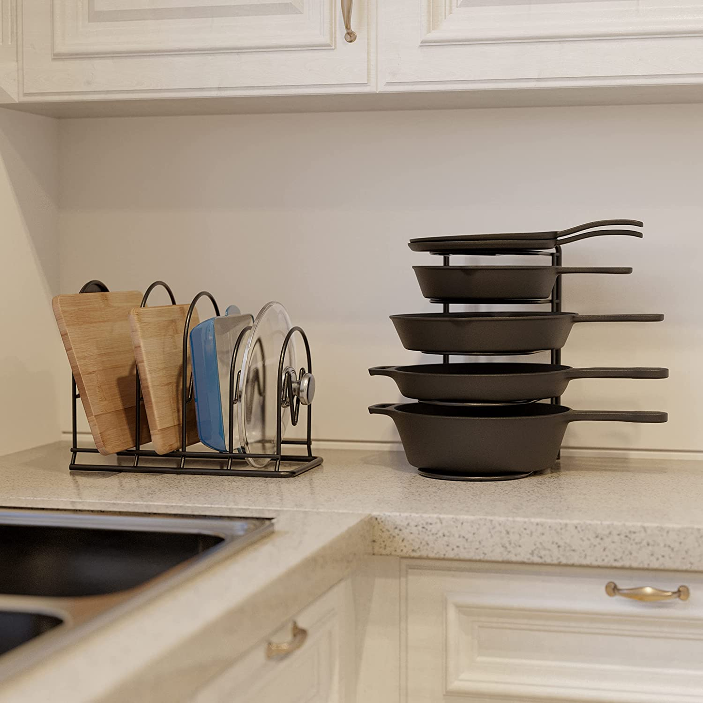 Heavy Duty Pan Organizer Rack for Cabinet, Pot Lid Holder, Kitchen Organization & Storage for Cast Iron Skillet, Bakeware, Cutting Board - No Assembly Required