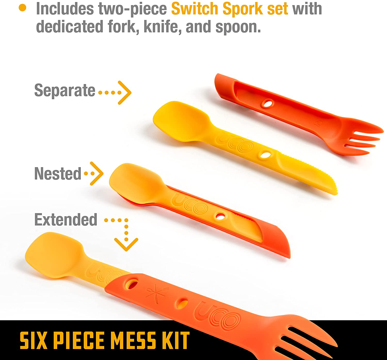 UCO 6-Piece Camping Mess Kit with Bowl, Plate, Camp Cup, and Switch Spork Utensil Set