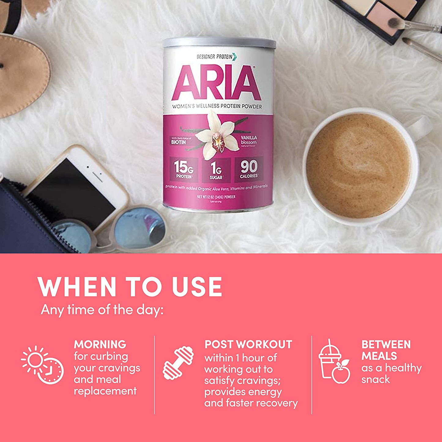 Designer Wellness, Aria, Women'S Wellness Low Calorie Protein Powder with Biotin, Vitamin C and Organic Aloe, Vanilla, 12 Oz