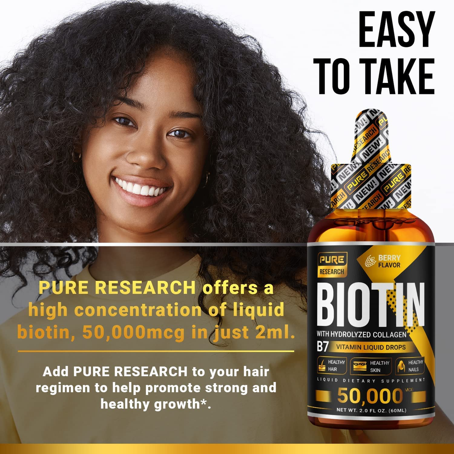 Biotin & Collagen Hair Growth Liquid Drops 50,000Mcg Supports Strong Nails, Glowing Skin, Healthy Hair Growth. Great Absorption (2Fl Oz)