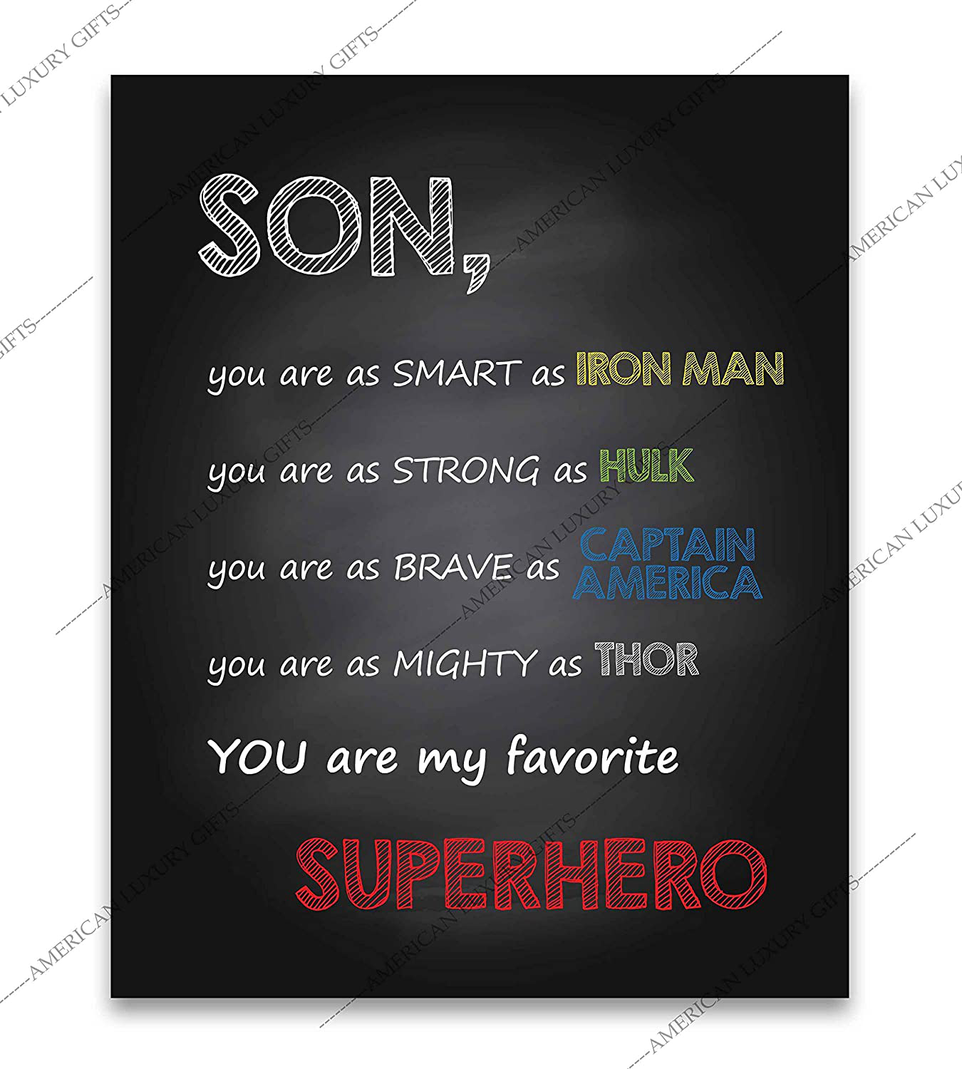 "Son-You Are My Favorite Superhero" Inspirational Wall Art Sign -8 x 10" Artistic Typographic Poster Print-Ready to Frame. Perfect Home-Kids Bedroom-Nursery Decor. Great Decoration for Marvel Fans!