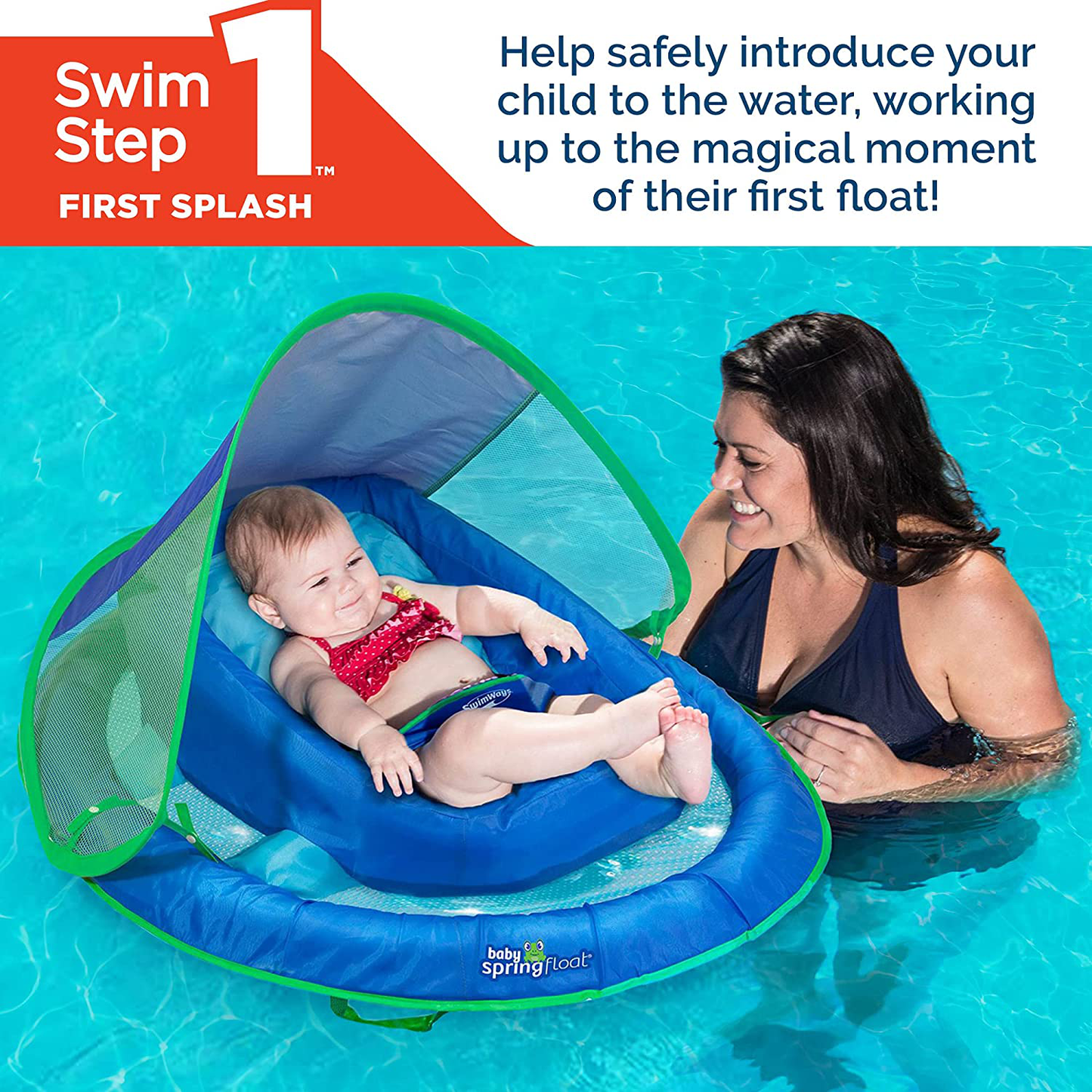 SwimWays Inflatable Infant Baby Spring Swimming Pool Float with Canopy, Blue