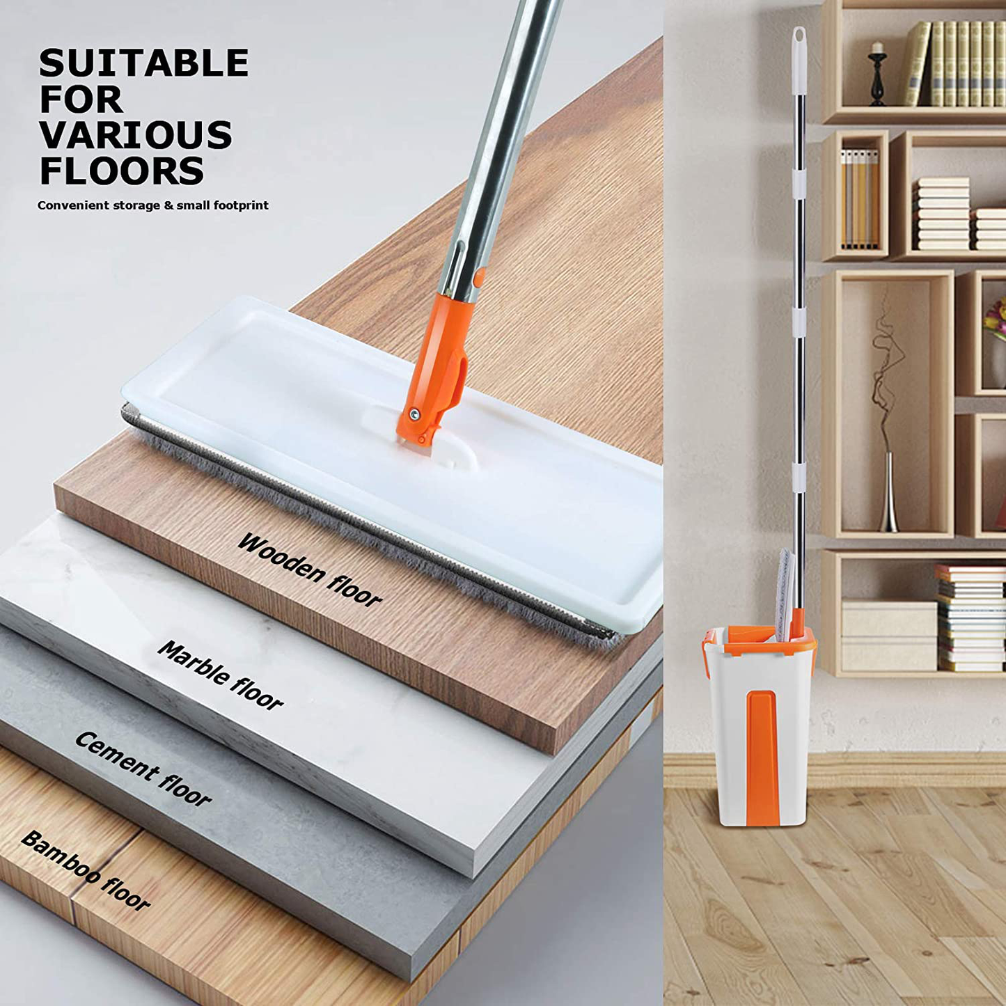 Flat Floor Mop and Bucket Set with 10 PCS Microfiber Mop Pads,Self Cleaning Squeeze Mop and Bucket System with Extended Stainless Steel Handle for Floor Cleaning