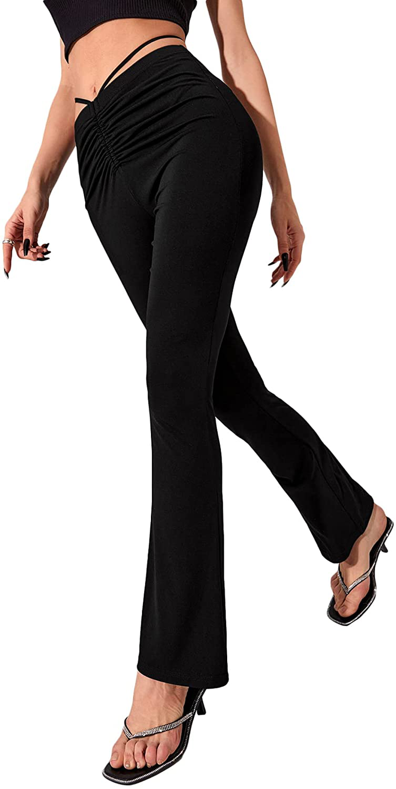 SheIn Women's High Waist Ruched Pants Cut Out Flared Leg Tie Back Trousers