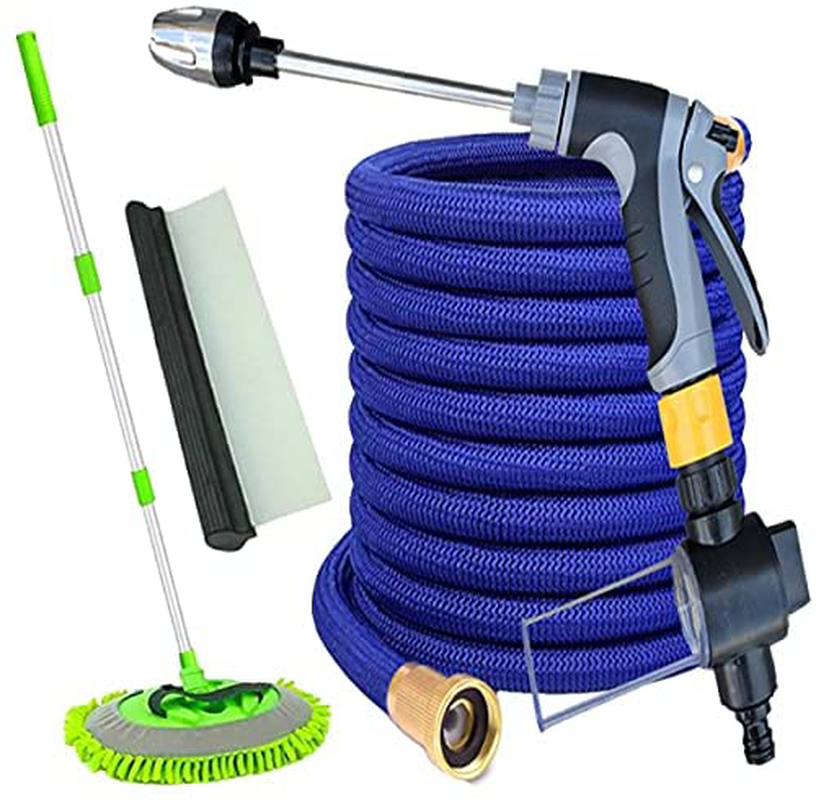 UILB Car Wash Kit with 50ft Expandable Garden Hose, Bubble Gun,Metal High Pressure Gun, Microfiber Car Wash Mop, Car Water Scraper, 3/4" Solid Brass Connector, All in One