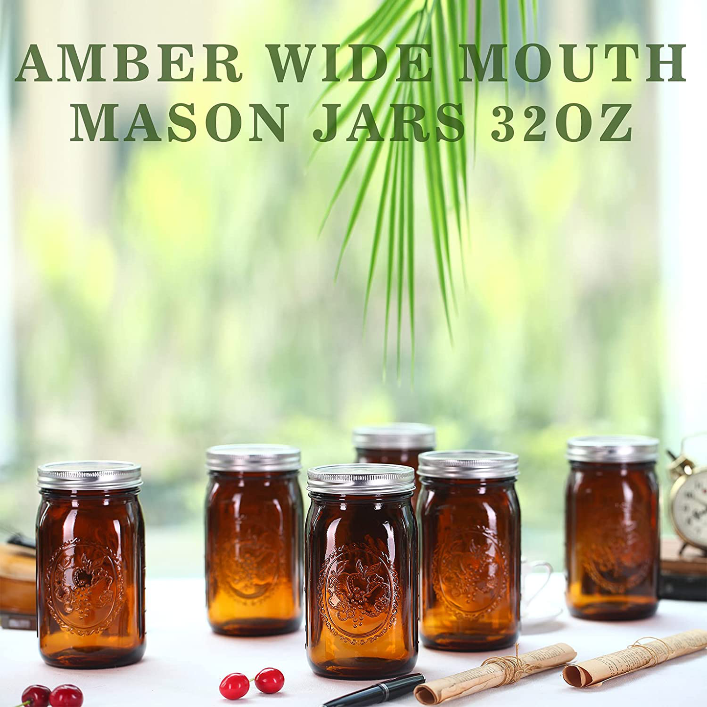 Eleganttime Amber Glass Mason Jars 32 oz Wide Mouth with Airtight Lids and Bands 6 Pack Large Glass Canning Mason Jars with Lids Quart Wide Mason Jars,Great for Canning jar pickle fermenting jam jar