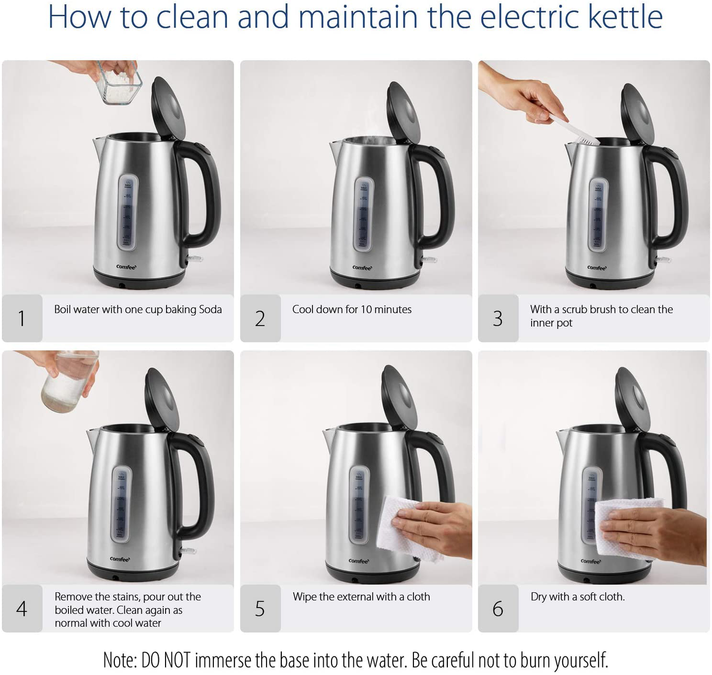 Stainless Steel Cordless Electric Kettle. 1500W Fast Boil with LED Light, Auto Shut-Off and Boil-Dry Protection. 1.7 Liter