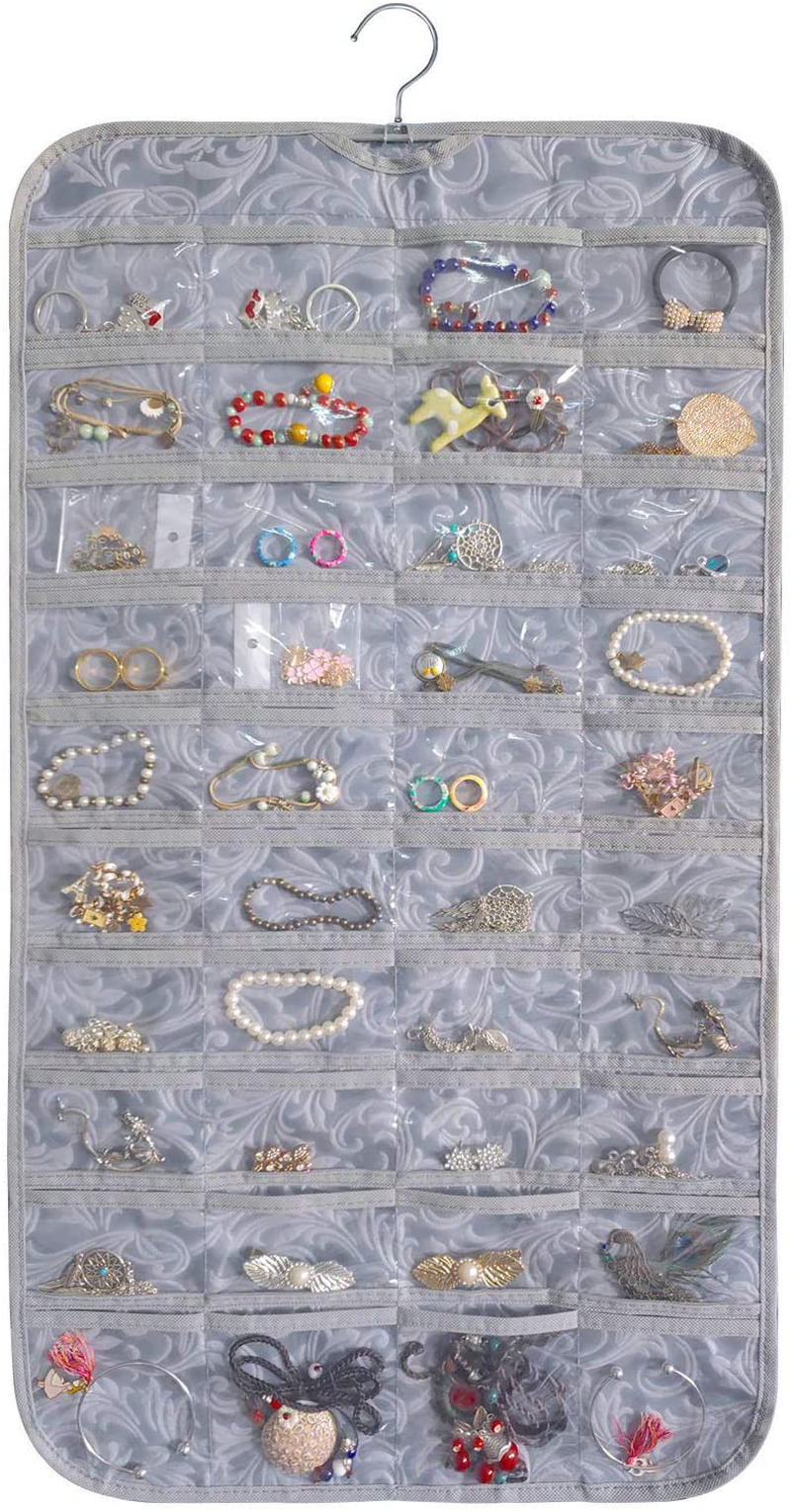 BB Brotrade Hanging Jewelry Organizer,Accessories Organizer with Embossed Pattern, Double Sided 80 Clear PVC Pockets Organizer for Storage Jewelry (Grey)