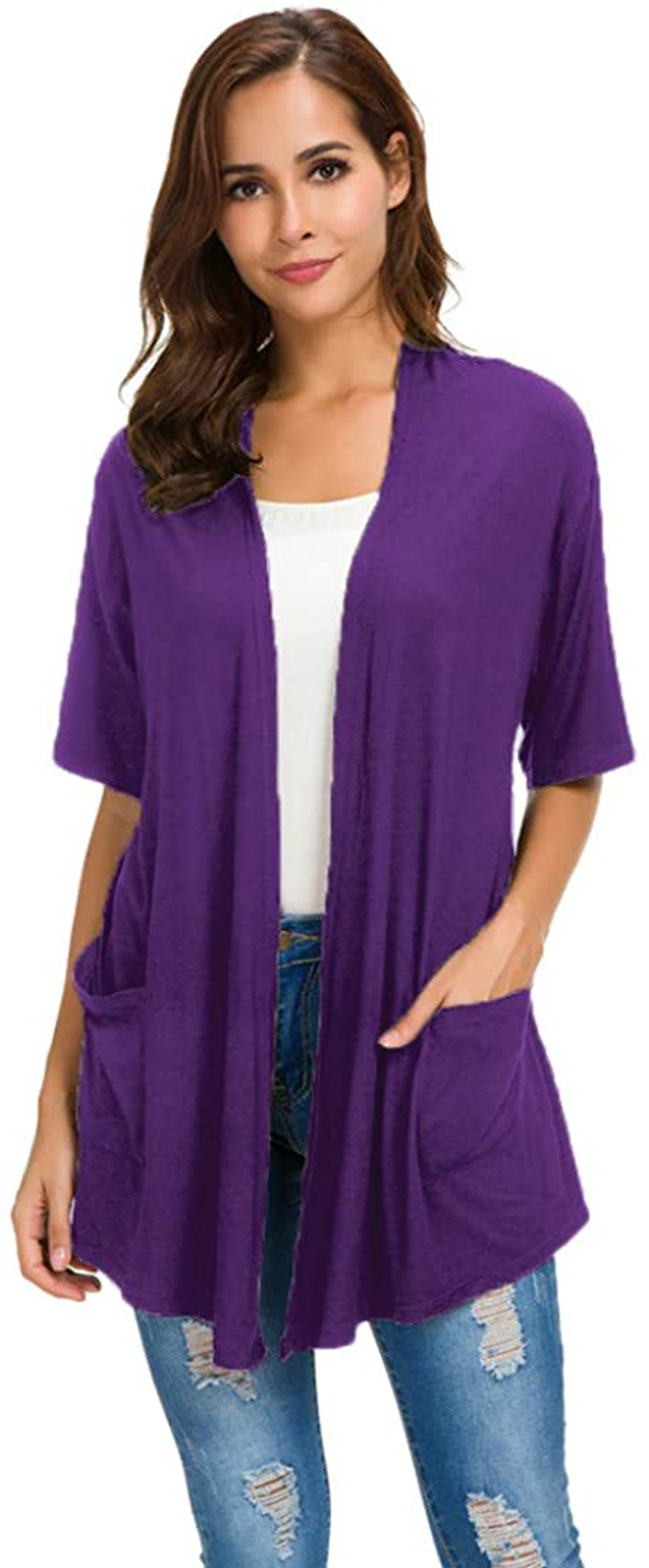 Womens Short Sleeve Open Front Lightweight Casual Comfy Long Line Drape Hem Soft Modal Cardigans Sweater with Two Pockets