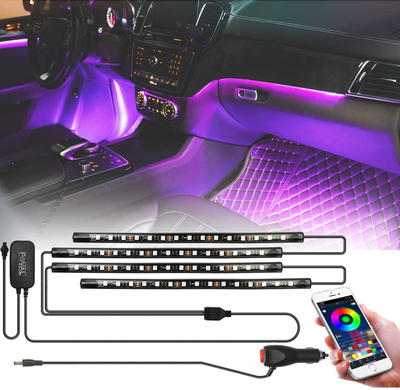FOVAL Led Car Light Interior, 4pcs 60 Led Strips Lights for Car by APP Control, DIY Colors Music Microphone Control Under Dash Atmosphere kit RGB Lights for iPhone Android with Car Charger, DC 12V