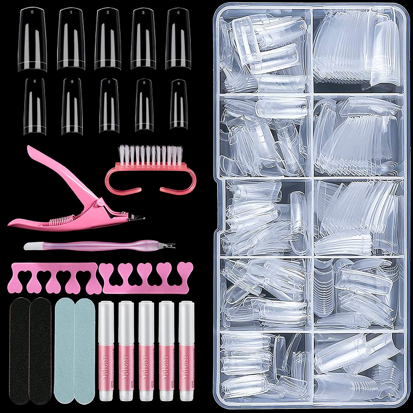 Auseibeely 240PCS Extra Long Full Cover Clear Coffin Nails, XXL Ballerina False Nail Tips Acrylic Nail Tips Kit with Nail Glue/Clipper/File Nail Tools for Nail Art Salons Home DIY, 10 Sizes