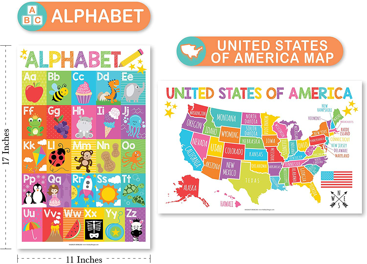 4 Alphabet, Map of United States, World Map, Solar System, ABC Posters Toddlers Wall Art Decor, Planets For Kid Chart, US Travel Map Laminated Kindergarten Classroom Prek Homeschool Supplies 11x17"