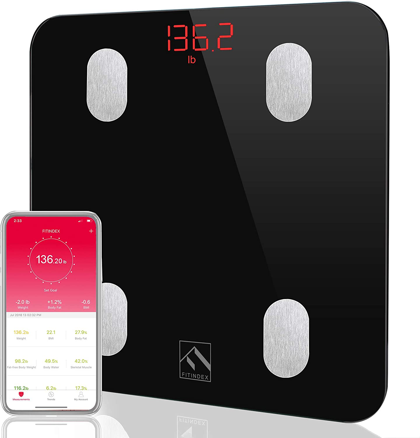 FITINDEX Bluetooth Body Fat Scale, Smart Wireless BMI Bathroom Weight Scale Body Composition Monitor Health Analyzer with Smartphone App