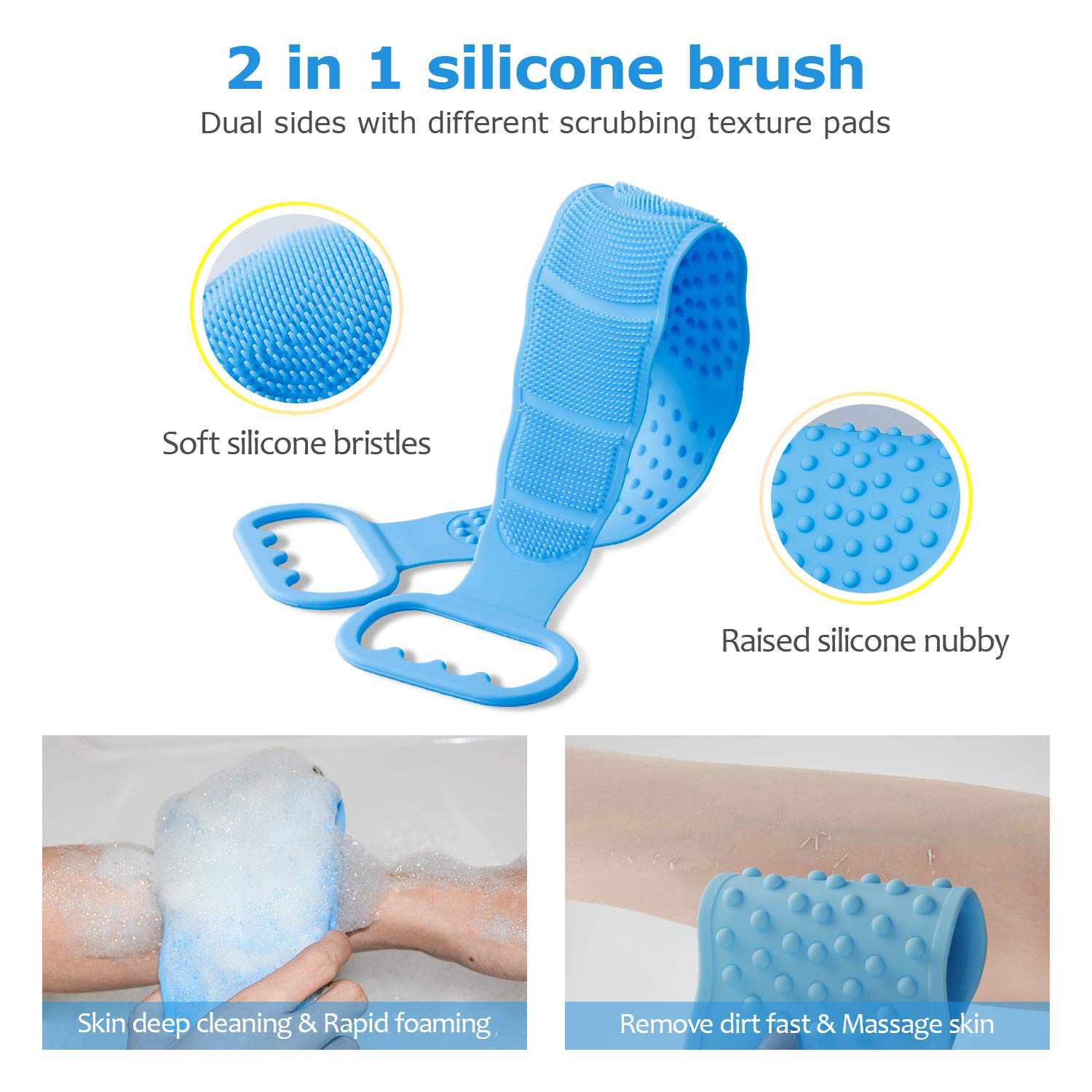 Back Scrubber, Silicone Back Scrubber for Shower, Long Exfoliating Bath Body Brush for Women, Easy to Clean, Improves Blood Circulation and Skin Health (Blue)