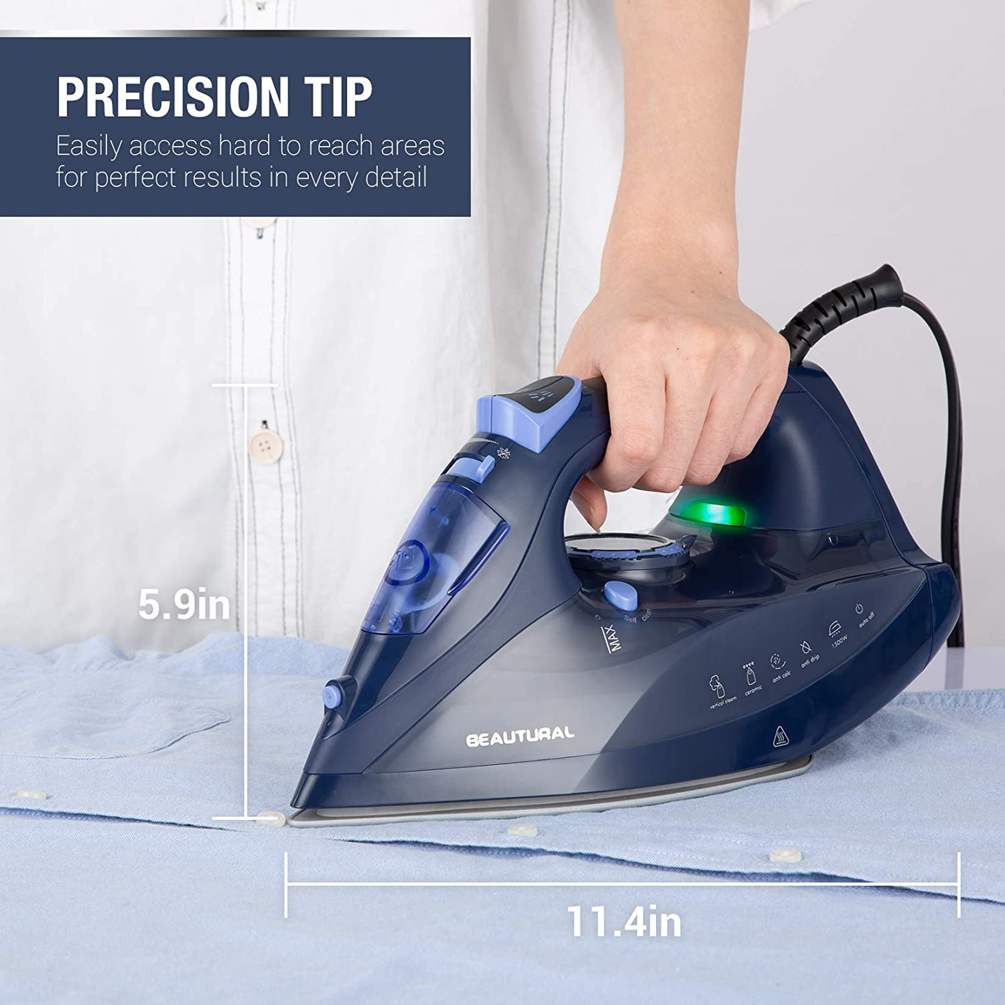 BEAUTURAL Steam Iron for Clothes with Precision Thermostat Dial, Ceramic Coated Soleplate, 3-Way Auto-Off, Self-Cleaning, Anti-Calcium, Anti-Drip