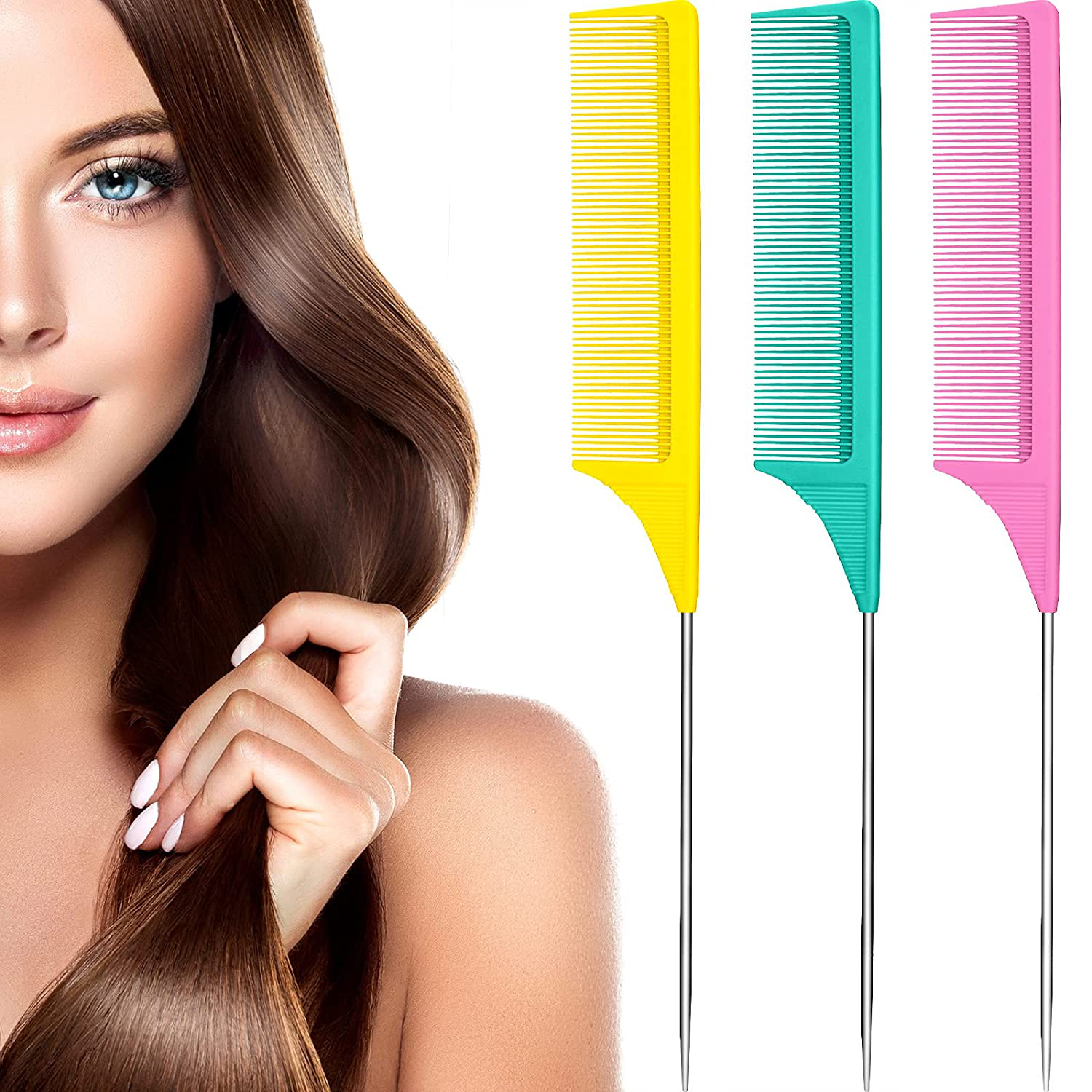 3 Packs Rat Tail Comb Steel Pin Rat Tail Carbon Fiber Heat Resistant Teasing Combs with Stainless Steel Pintail