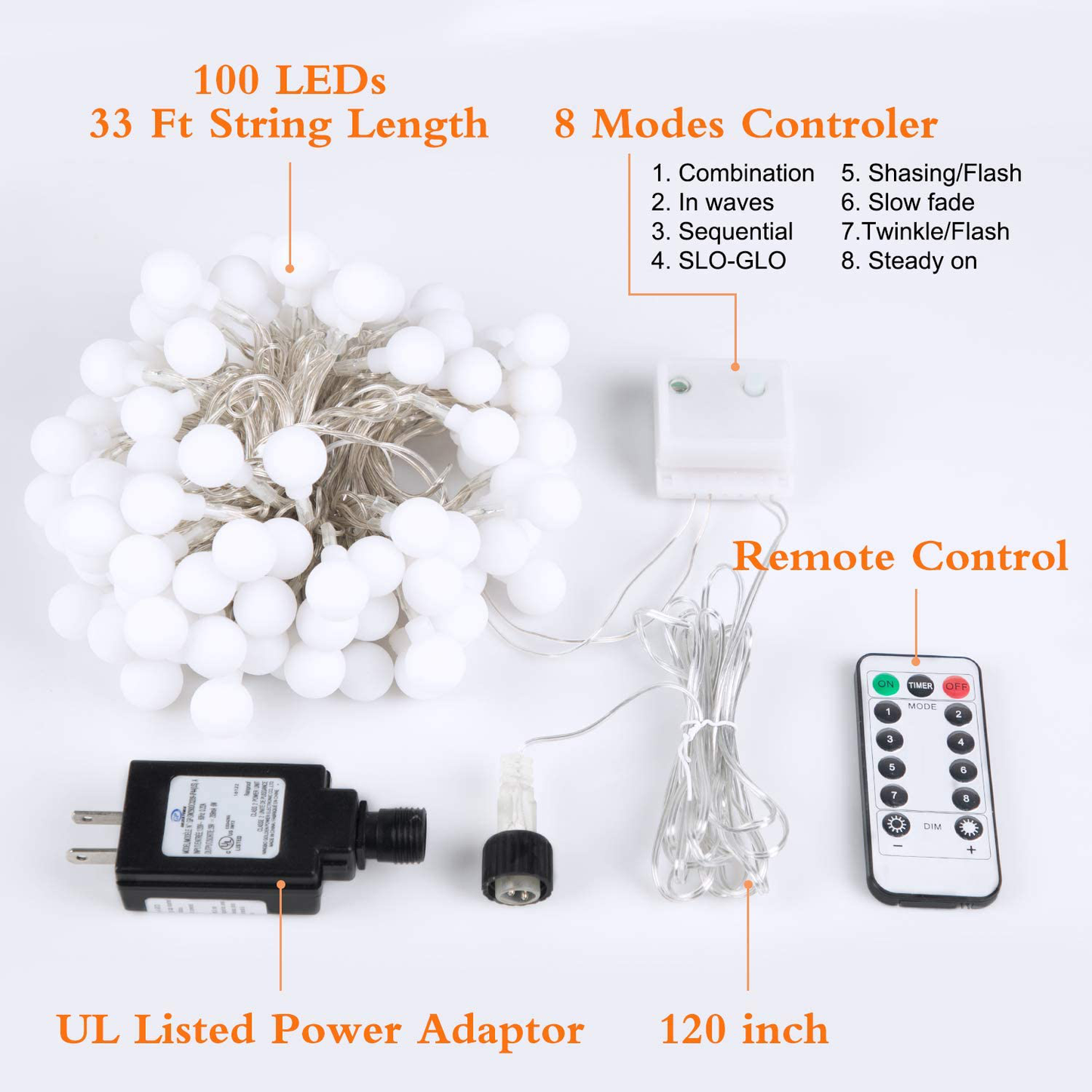 33 Feet 100 Led Mini Globe String Lights, Fairy String Lights Plug in with Remote, Decor for Indoor Outdoor Party Wedding Christmas Tree Garden (White)