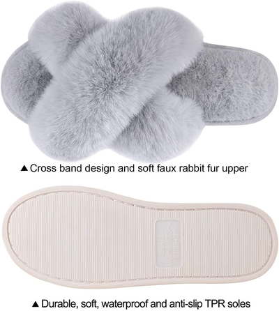 Women'S Cross Band Slippers Soft Plush Furry Cozy Open Toe House Shoes Indoor Outdoor Faux Rabbit Fur Warm Comfy Slip on Breathable