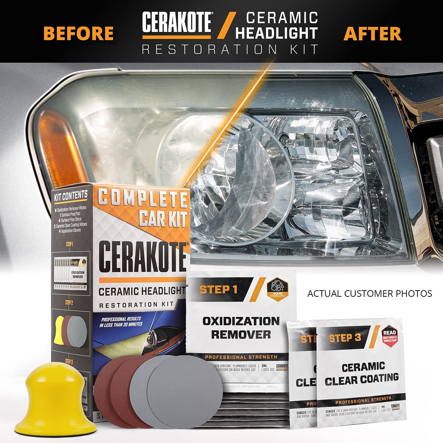 CERAKOTE Ceramic Headlight Restoration Kit – Guaranteed To Last As Long As You Own Your Vehicle – Brings Headlights back to Like New Condition - 3 Easy Steps - No Power Tools Required