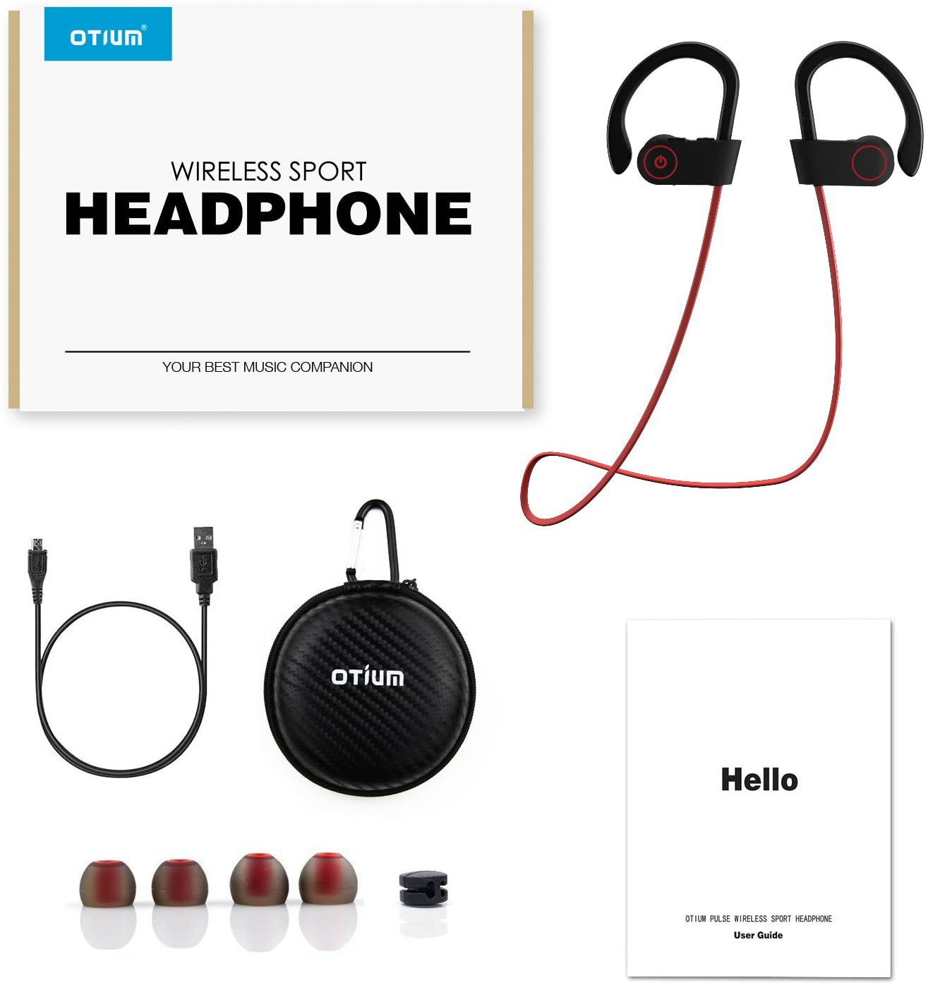 Otium Bluetooth Headphones,Wireless Earbuds IPX7 Waterproof Sports Earphones with Mic HD Stereo Sweatproof in-Ear Earbuds Gym Running Workout 8 Hour Battery Noise Cancelling Headsets