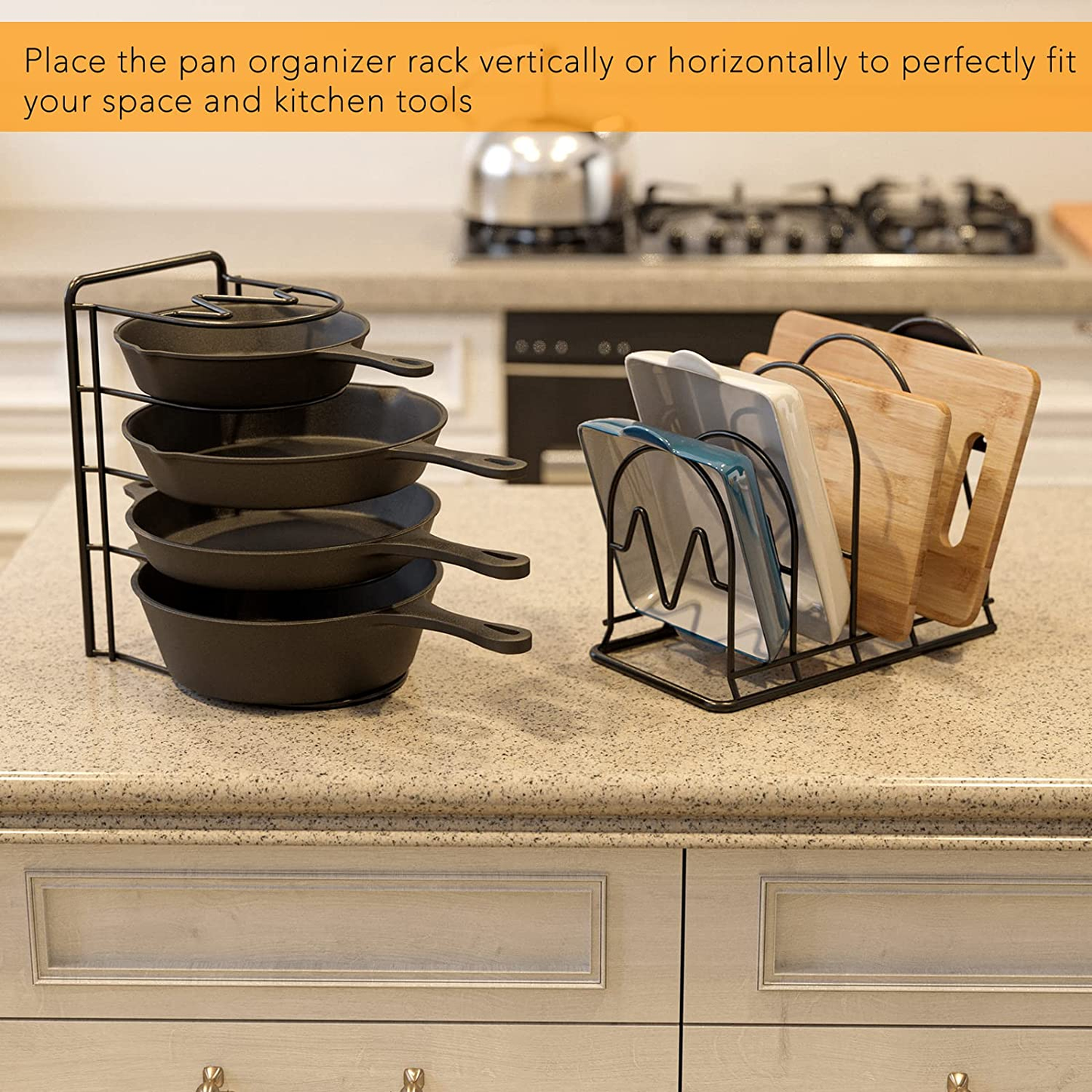 Heavy Duty Pan Organizer Rack for Cabinet, Pot Lid Holder, Kitchen Organization & Storage for Cast Iron Skillet, Bakeware, Cutting Board - No Assembly Required