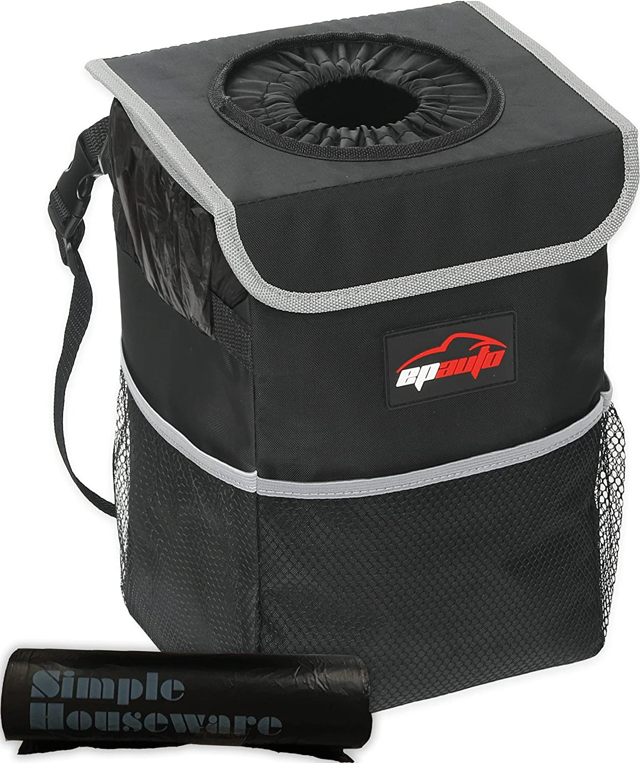 EPAuto Waterproof Car Trash Can with Lid and Pockets Includes Trash Bags