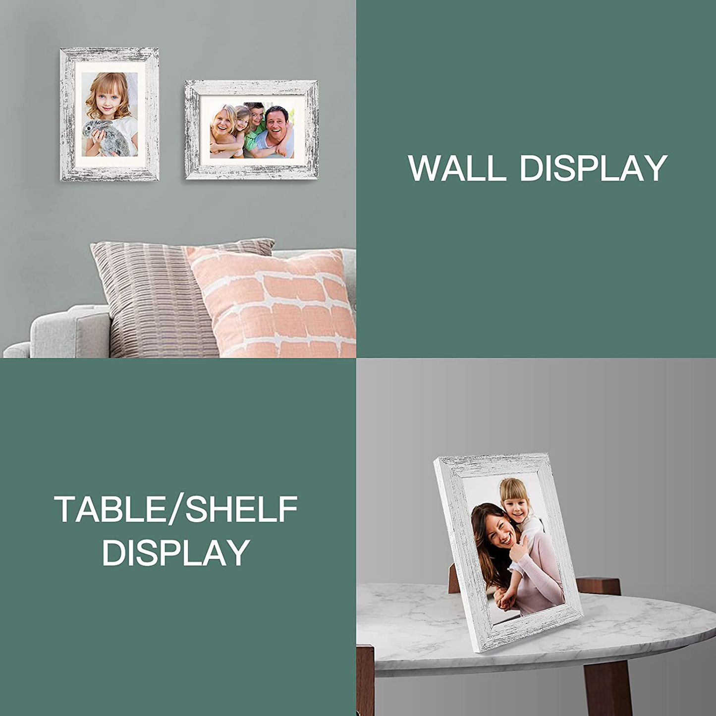 BAIJIALI 8x10 Picture Frame Rustic Grey Wood Pattern Set of 4 with Tempered Glass,Display Pictures 5x7 with Mat or 8x10 Without Mat, Horizontal and Vertical Formats for Wall and Table Mounting