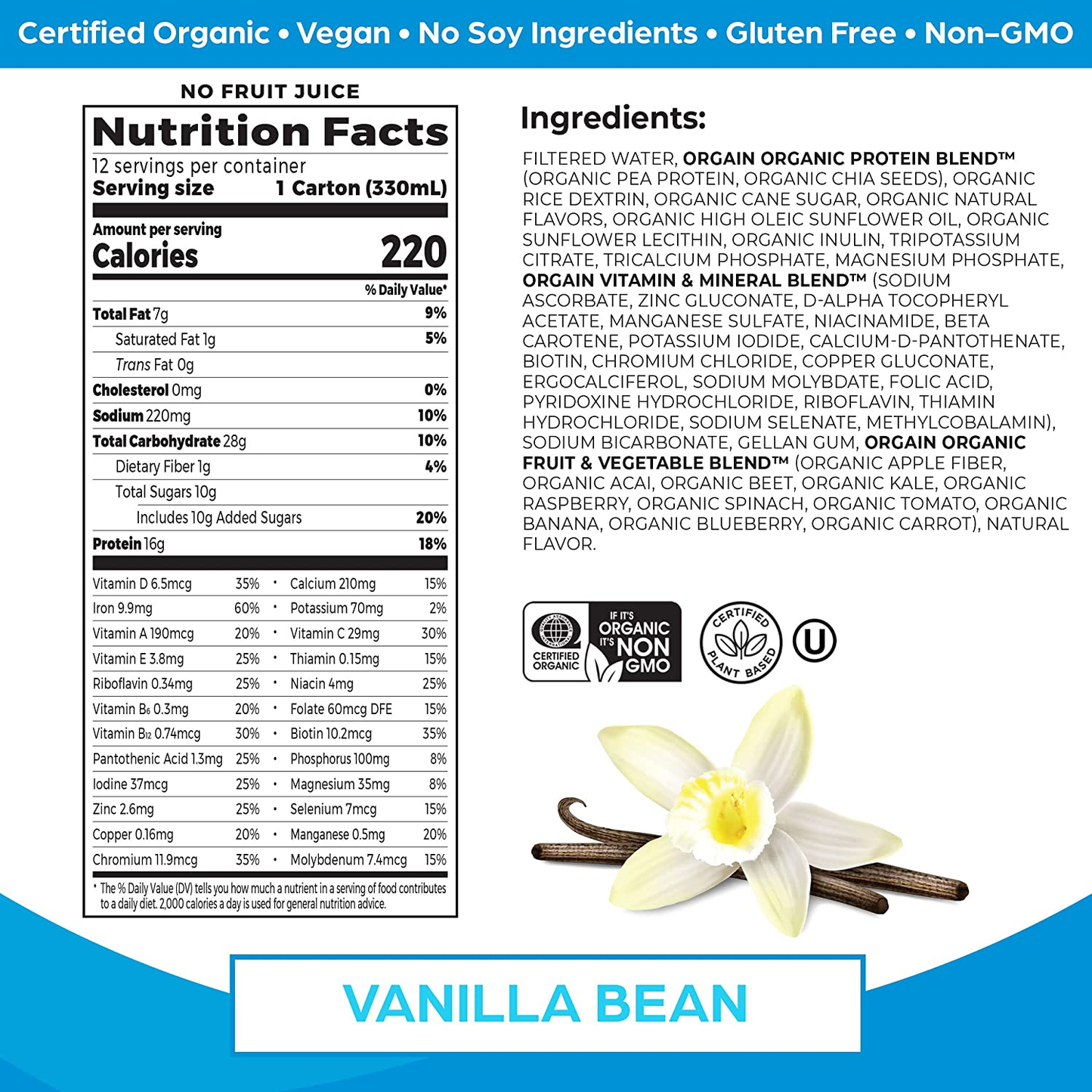 Orgain Organic Vegan Plant Based Nutritional Shake, Vanilla Bean - Meal Replacement, 16G Protein, 21 Vitamins & Minerals, Non Dairy, Gluten Free, Lactose Free, Kosher, Non-Gmo (Packaging May Vary)
