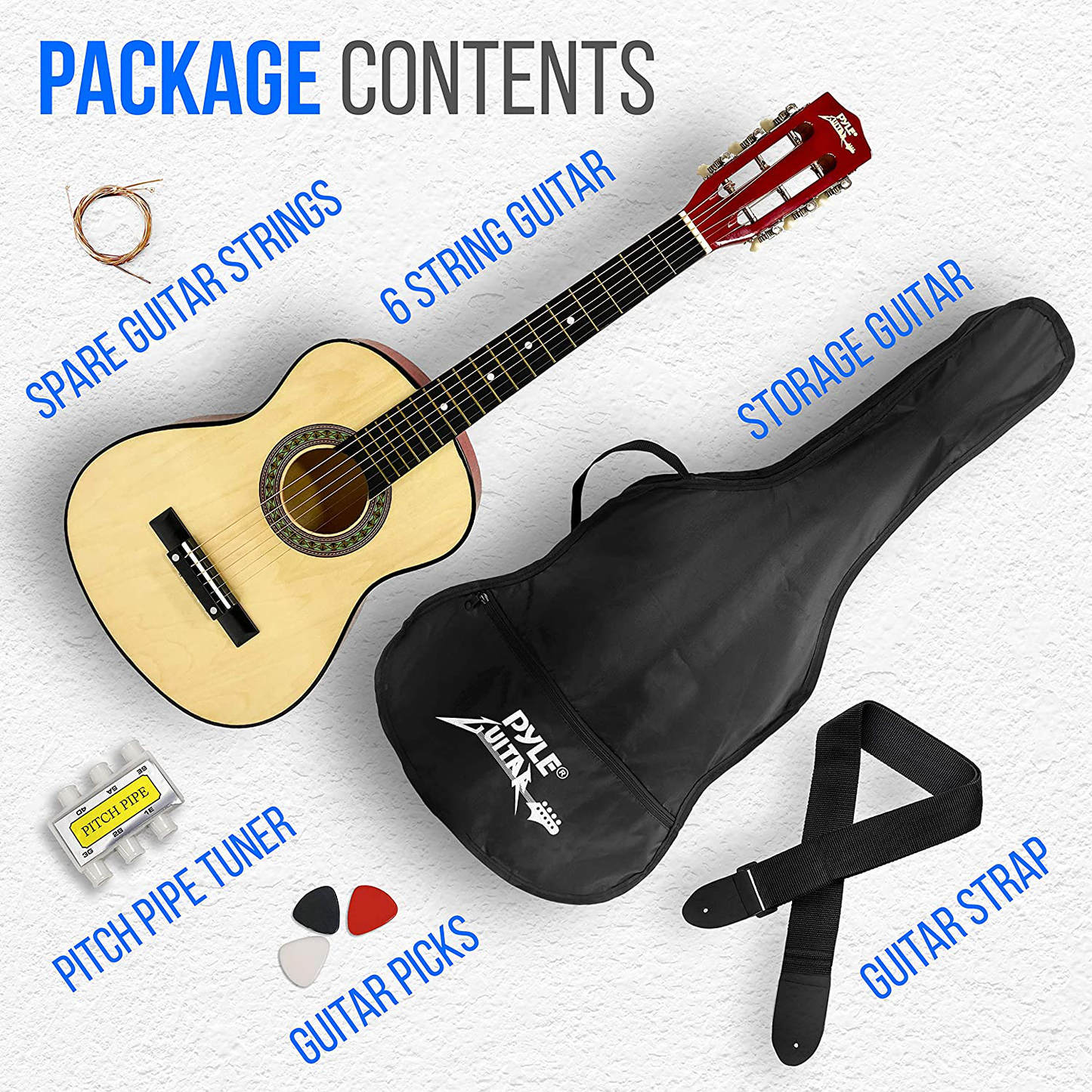 Beginner 30” Classical Acoustic Guitar - 6 String Linden Wood Traditional Style Guitar W/ Wood Fretboard, Case Bag, Nylon Strap, Tuner, 3 Picks - Great for Beginner, Children Use - Pyle PGAKT30