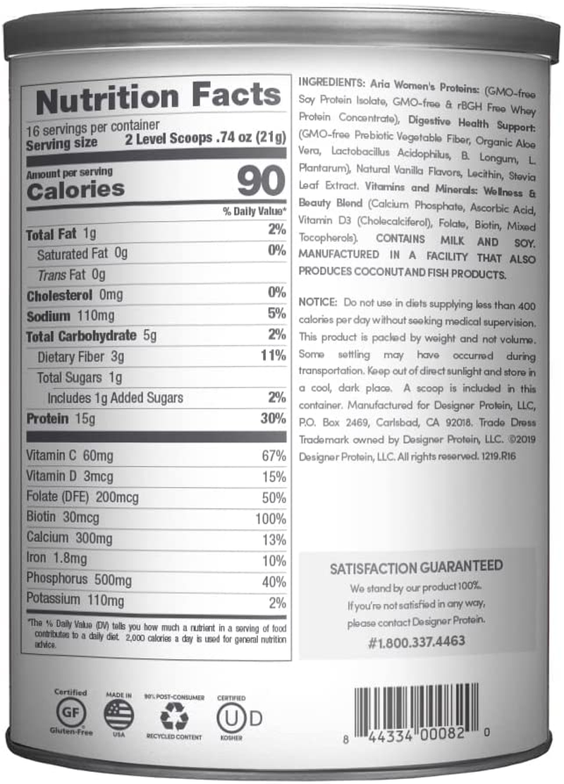 Designer Wellness, Aria, Women'S Wellness Low Calorie Protein Powder with Biotin, Vitamin C and Organic Aloe, Vanilla, 12 Oz