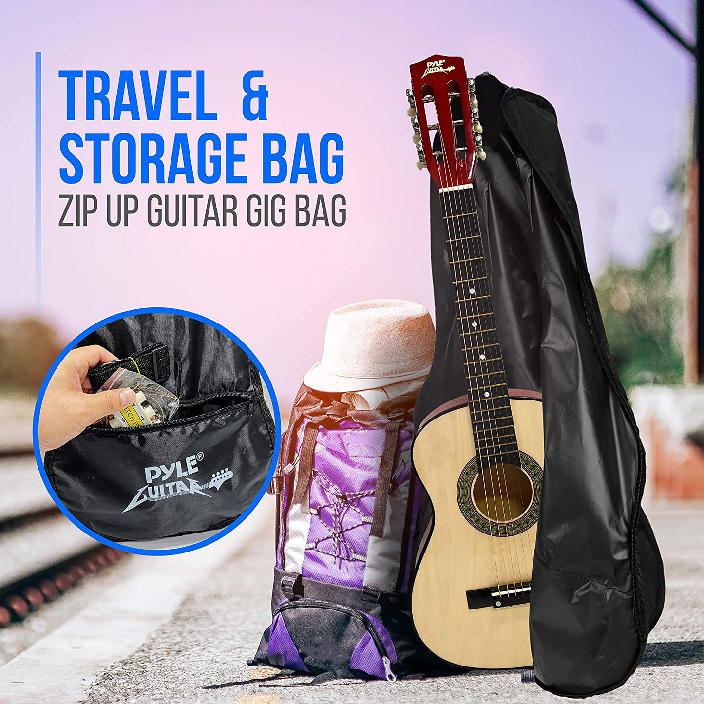 Beginner 30” Classical Acoustic Guitar - 6 String Linden Wood Traditional Style Guitar W/ Wood Fretboard, Case Bag, Nylon Strap, Tuner, 3 Picks - Great for Beginner, Children Use - Pyle PGAKT30