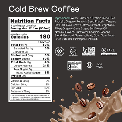 OWYN - 100% Vegan Plant-Based Protein Shakes | Cold Brew Coffee, 12 Fl Oz | Dairy-Free, Gluten-Free, Soy-Free, Tree Nut-Free, Egg-Free, Allergy-Free, Vegetarian