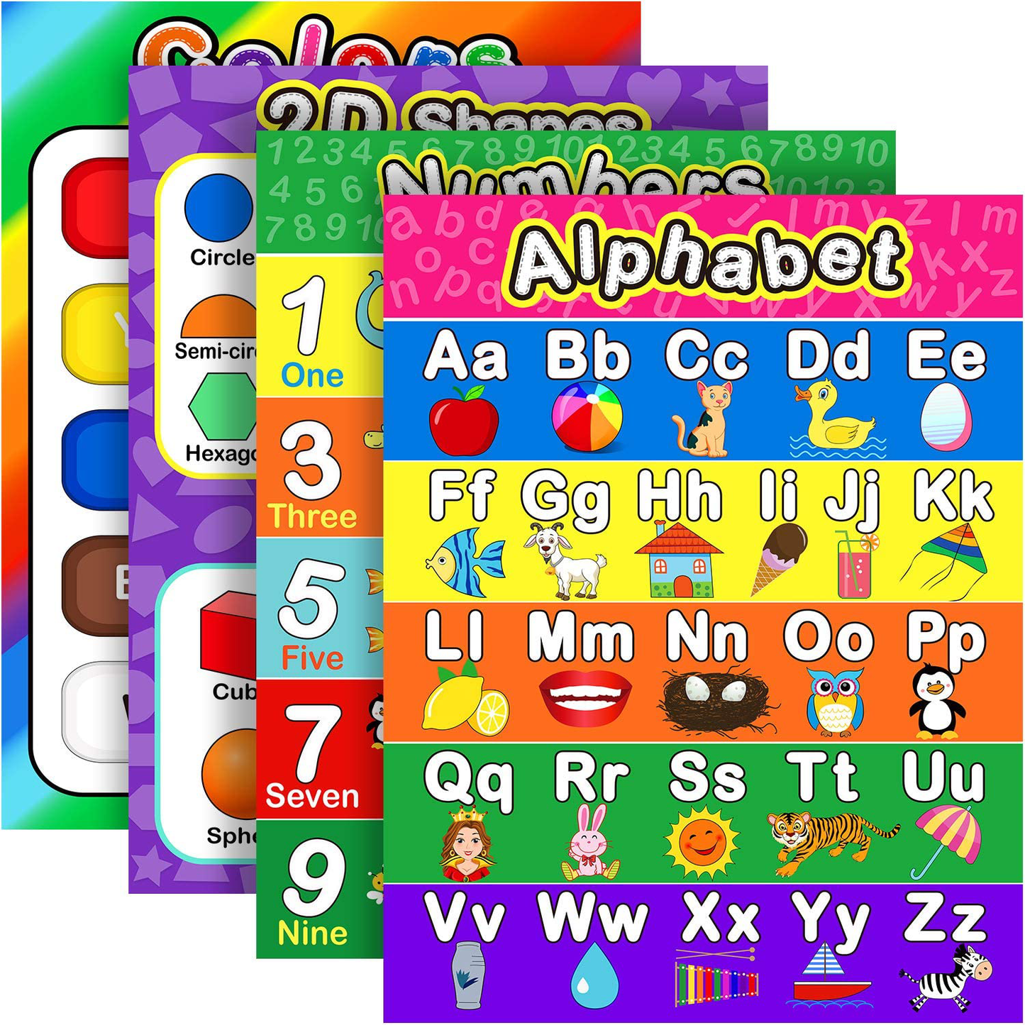 Extra Large Preschool Educational Learning Posters for Kids Toddlers, Nursery Homeschool Pre-K Kindergarten Classroom Decoration, 17 x 22 Inch (4 Pieces, Alphabet, Number 1-10, Shapes, Colors)