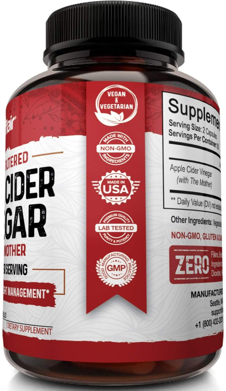 Apple Cider Vinegar Capsules with Mother 1600Mg - 120 Vegan ACV Pills - Best Supplement for Healthy Weight Loss, Diet, Keto, Digestion, Detox, Immune - Powerful Cleanser & Appetite Suppressant Non-Gmo
