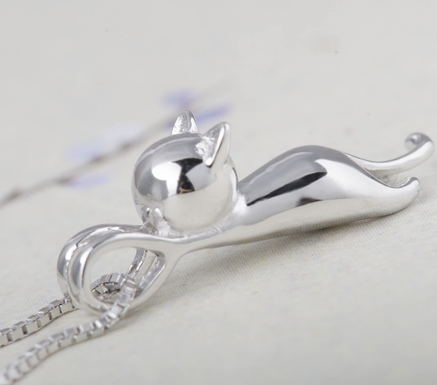 S.Leaf S925 Sterling Silver Cat Necklace Matte Silver Cat Pendant Collarbone Necklace