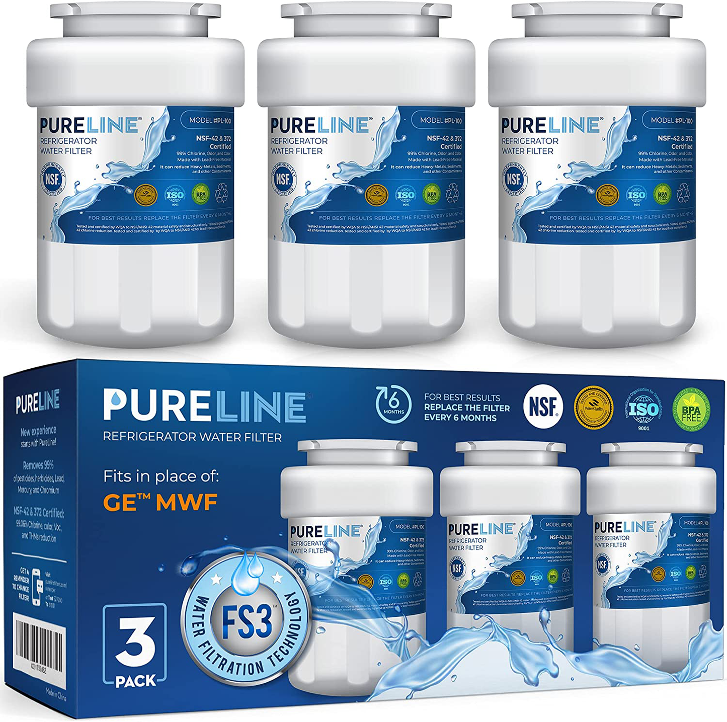 Pureline MWF Water Filter Replacement. Compatible with GE MWF And MWFP, MWFA, MWFAP, MWFINT, GWF, GWFA, HWF, HWFA, HDX FMG-1, Smartwater, WFC1201, GSE25GSHECSS, 197D6321P006 (3 Pack)