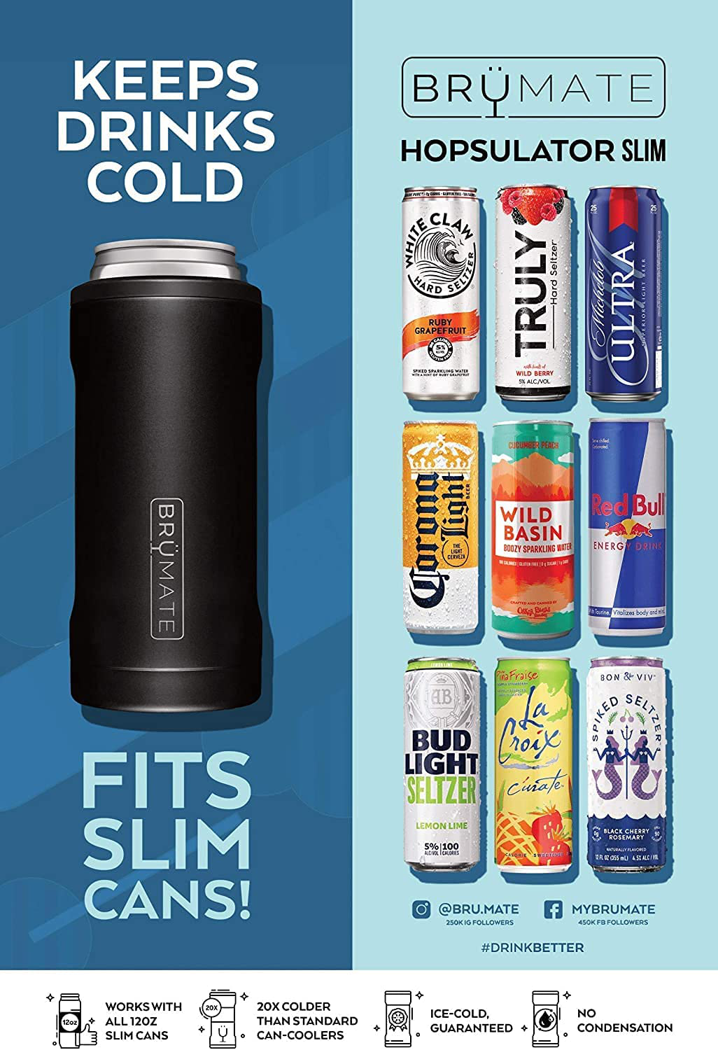 BrüMate Hopsulator Slim Double-walled Stainless Steel Insulated Can Cooler for 12 Oz Slim Cans