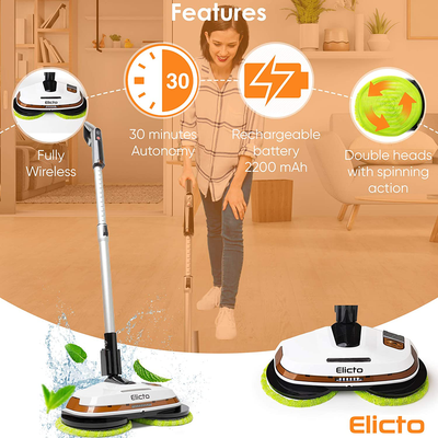 Elicto [2021 Update] Electronic Dual Spin Mop and Polisher, Water Spray, Adjustable Height, LED Lights, Reusable Microfiber Pads for All Hard Surfaces New IMPROVEMENTS for 2021