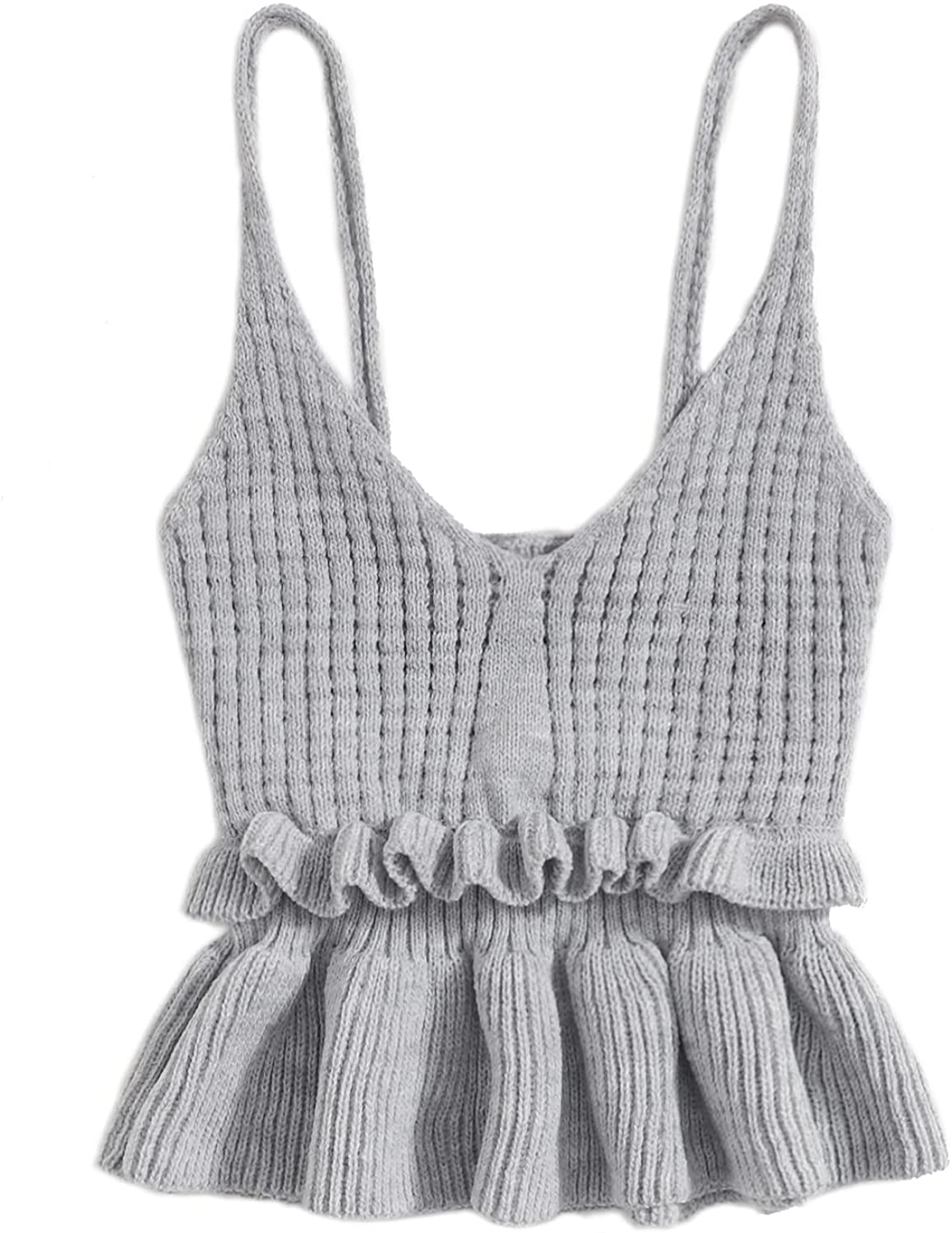 SweatyRocks Women's Casual Knit Top Sleeveless Ruffle Hem V Neck Peplum Crop Tank Top