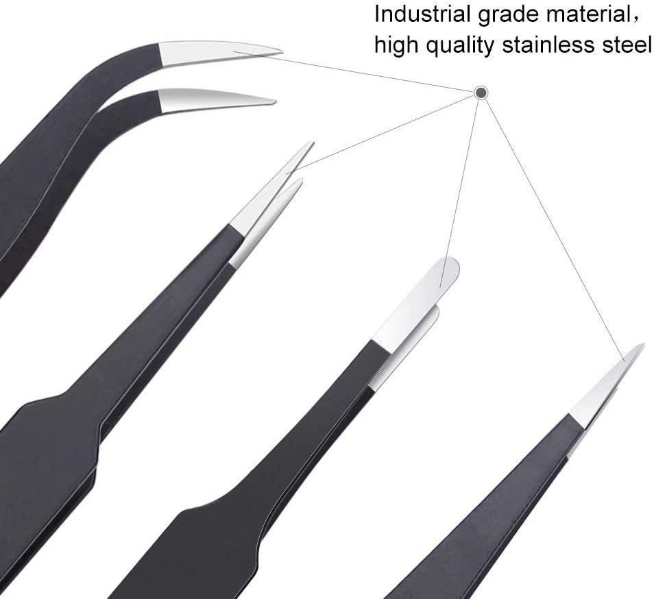 6PCS Precision Tweezers Set, Upgraded Anti-Static Stainless Steel Curved of Tweezers, for Electronics, Laboratory Work, Jewelry-Making, Craft, Soldering, etc, by KAVERME.