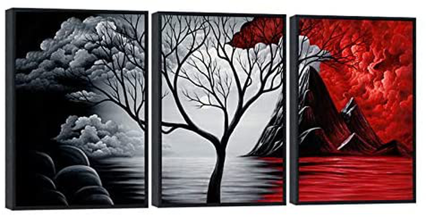 Wieco Art Extra Large Size Framed Canvas Art Prints Wall Art the Cloud Tree Abstract Pictures Paintings for Living Room Home Office Decorations Contemporary Artwork 3 Panels Black Frame
