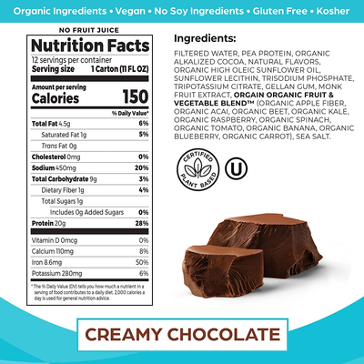 Orgain Vegan Protein Shakes, 20G of Plant Based Protein, Creamy Chocolate - Gluten Free, No Dairy, Soy, or Preservatives, No Added Sugar, 11 Fl Oz, 12 Count (Packaging May Vary)
