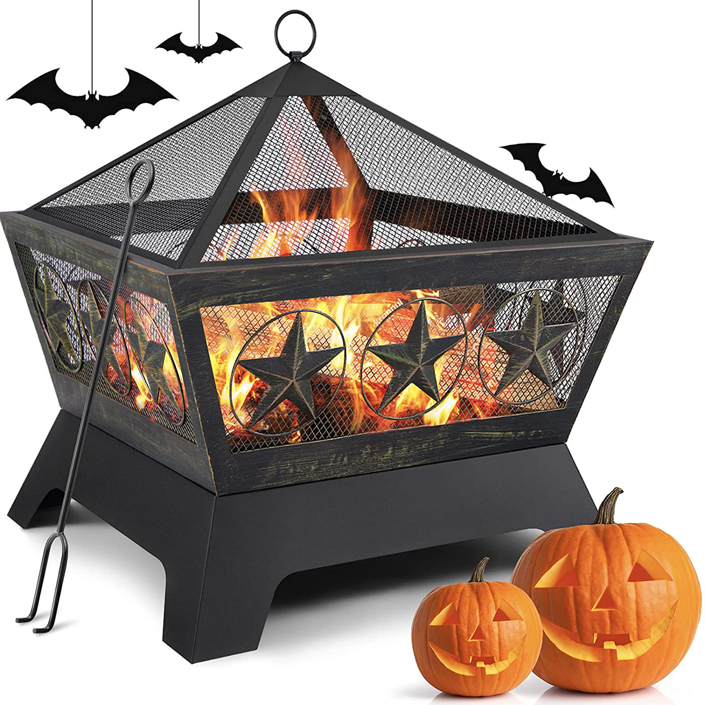 Amagabeli Fire Pit Outdoor Wood Burning 24in Firepit Firebowl Fireplace Poker Spark Screen Retardant Mesh Lid Extra Deep Large Square Outside Backyard Deck Heavy Duty Metal Grate Rustproof Bronze